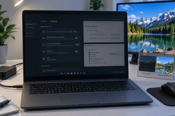 A laptop displays brightness and power settings beside a monitor showing a bright mountain lake scene.