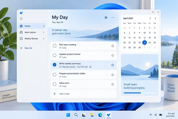 A Windows desktop displays a task planner with a daily to-do list, April 2025 calendar, and motivational artwork.