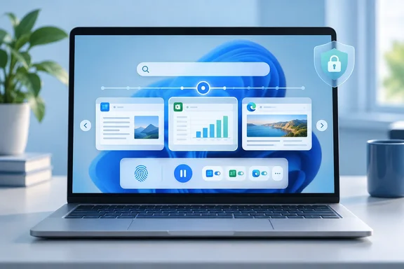 A laptop displays a blue interface with app cards, navigation controls, and a security shield.