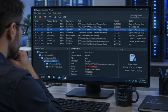 A technician reviews a system trace showing an app’s registry access denied.