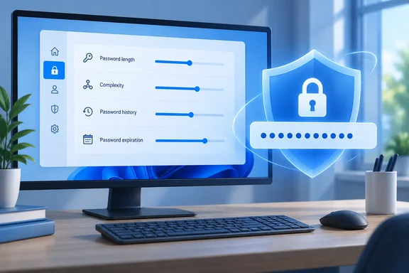 A desktop monitor displays password security settings beside a glowing shield and locked password field.