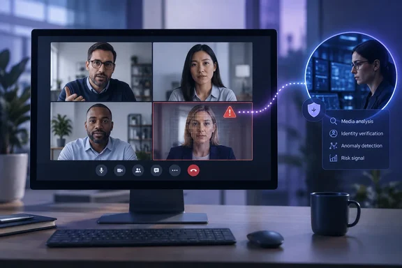 A video call flags one participant for suspicious activity as an AI security analyst reviews identity and risk signals.