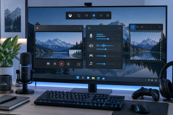A gaming workstation displays screen recording and audio controls over a mountain-lake wallpaper, with a microphone, keyboard, headset, and controller.