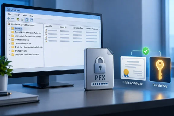 A certificate manager is shown beside a secured PFX file, public certificate, and private key.