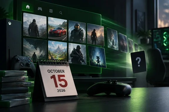 An Xbox gaming setup displays a lineup of game artwork beside a calendar marked October 15, 2026. An Xbox gaming setup displays a lineup of game artwork beside a calendar marked October 15, 2026.