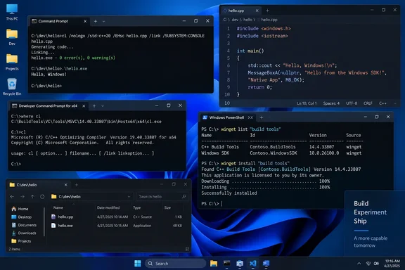 A Windows 11 desktop shows C++ code, build-tool installation, and terminals compiling and running a Hello Windows app.