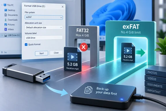 A graphic shows formatting a USB drive as exFAT to transfer a 5.2 GB video, contrasting FAT32’s 4 GiB limit and urging data backup.