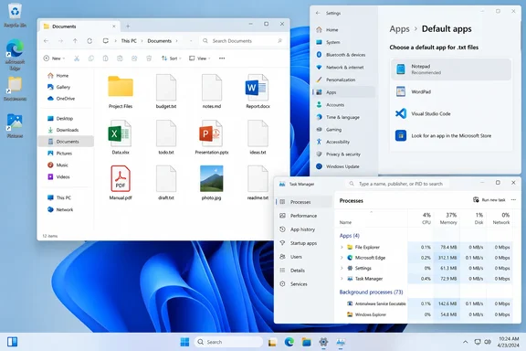 A Windows 11 desktop shows File Explorer, default app settings for .txt files, and Task Manager open.