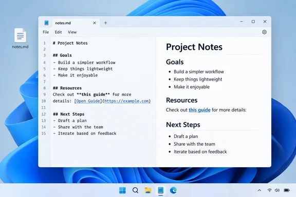 A Windows desktop shows a notes app displaying Markdown project notes alongside their formatted preview.