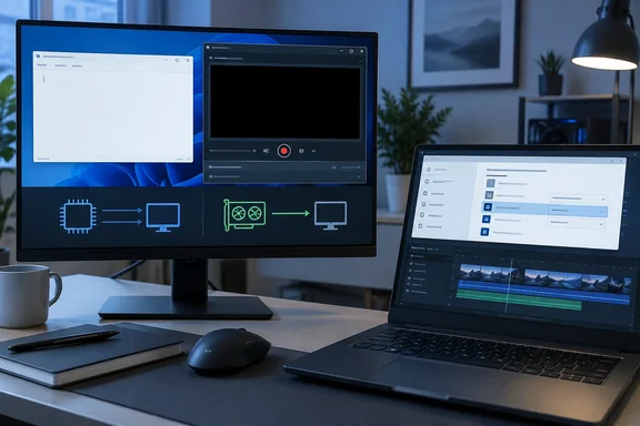 A dual-screen workstation displays recording software, video editing timelines, and graphics comparing computer components.