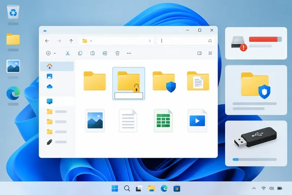 A Windows 11 file explorer shows locked and protected folders, a drive warning, and a USB transfer indicator.