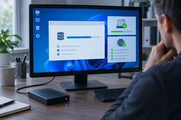 A person watches a computer display show a data transfer in progress alongside completed device checks.