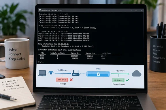 A laptop displays network troubleshooting commands and a diagram showing a VPN’s MTU reduced from 1500 to 1420 bytes.