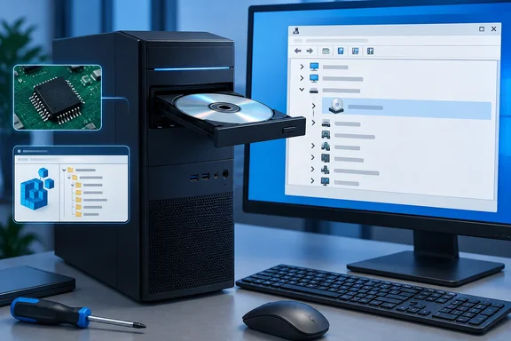 A desktop computer with its optical drive open displays a disc, while device settings appear on the monitor.