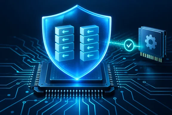 A glowing shield protects server icons on a microchip beside a verified gear, symbolizing secure technology.