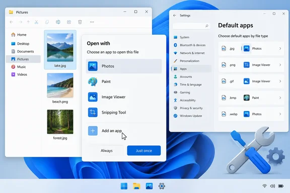 A Windows 11 desktop shows an image file’s “Open with” dialog beside Settings’ default apps by file type.