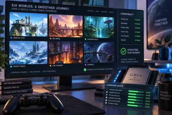 A gaming monitor showcases six emulated worlds and stability checks beside a controller and processor hardware. A gaming monitor showcases six emulated worlds and stability checks beside a controller and processor hardware.