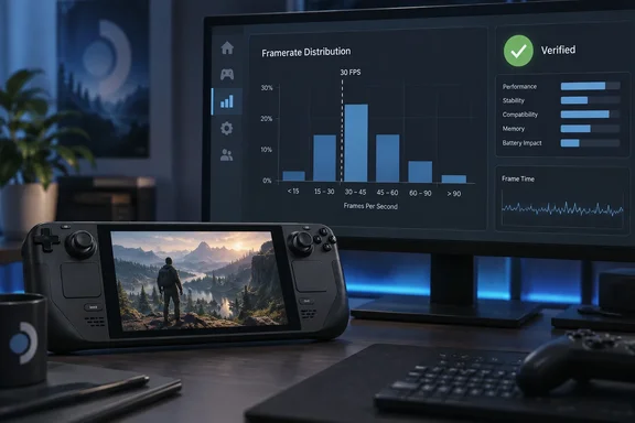 A handheld gaming PC sits before a monitor displaying game performance charts and a green verification badge. A handheld gaming PC sits before a monitor displaying game performance charts and a green verification badge.