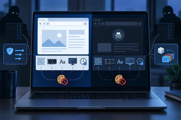 A laptop compares regular and incognito browsing, with privacy controls, blocked cookies, and shadowy figures suggesting online tracking. A laptop compares regular and incognito browsing, with privacy controls, blocked cookies, and shadowy figures suggesting online tracking.