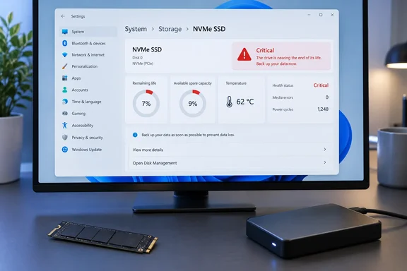 A Windows storage settings screen warns that an NVMe SSD is critical, with 7% life remaining, beside a bare drive and external disk. A Windows storage settings screen warns that an NVMe SSD is critical, with 7% life remaining, beside a bare drive and external disk.