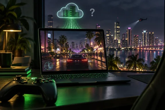 A gaming laptop displays a nighttime city-driving game beside a controller, with a glowing cloud server graphic overhead. A gaming laptop displays a nighttime city-driving game beside a controller, with a glowing cloud server graphic overhead.
