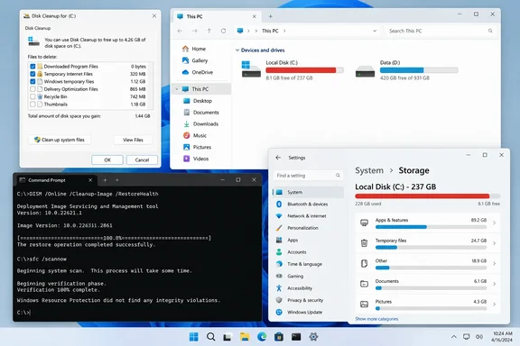 Windows 11 shows Disk Cleanup, nearly full C: drive storage details, and Command Prompt system repair scans completing successfully.