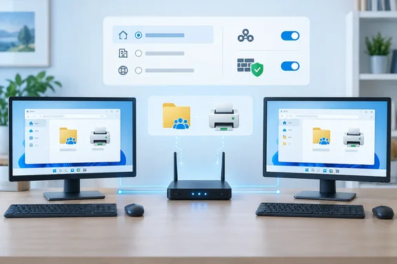 Two desktop computers share files and a printer through a central wireless router, with network security settings shown above.