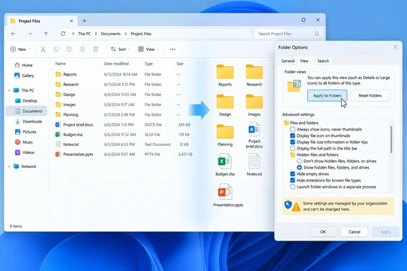 Windows File Explorer shows project files with Folder Options open on the View tab and the “Apply to Folders” button highlighted.