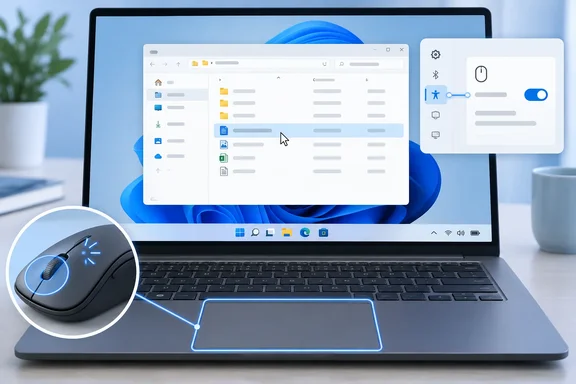 A laptop displays file browsing and accessibility settings, with a highlighted touchpad and mouse showing pointer controls.