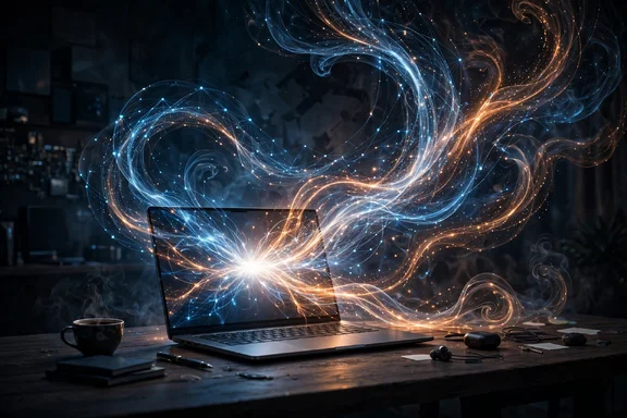 Dramatic illustration of a premium laptop on a desk glowing with blue and amber streams of AI light flowing from its screen Dramatic illustration of a premium laptop on a desk glowing with blue and amber streams of AI light flowing from its screen