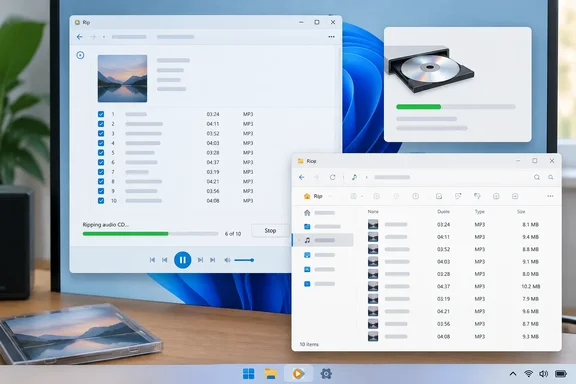 A Windows desktop shows software ripping an audio CD into MP3 files, with the track list and progress visible.