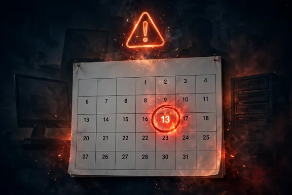 AI-generated illustration of an October calendar page with the 13th circled in red and device silhouettes behind it AI-generated illustration of an October calendar page with the 13th circled in red and device silhouettes behind it