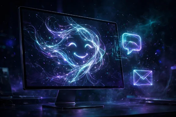 AI-generated illustration of a desktop monitor with a glowing AI assistant avatar and floating holographic icons AI-generated illustration of a desktop monitor with a glowing AI assistant avatar and floating holographic icons