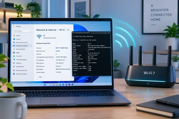 A laptop displays Wi‑Fi 7 connection details beside a Wi‑Fi 7 router on a desk.