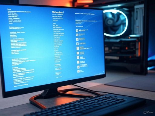 A computer monitor displays a blue screen with text, set in a dark room with a gaming PC tower in the background.