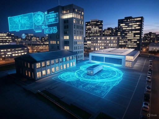 Futuristic cityscape with holographic digital displays and augmented reality projections over buildings and a parking lot.
