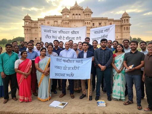 A group of people holding banners in front of an ancient monument during daytime.