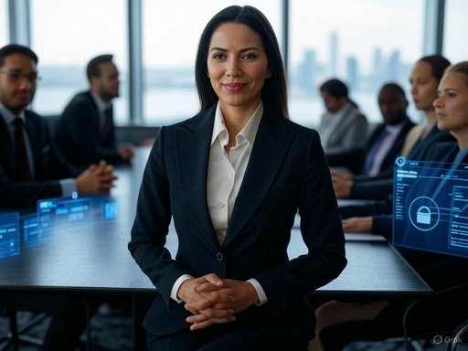 A confident businesswoman leading a meeting in a modern office with colleagues and digital security graphics.