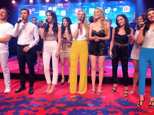 A diverse group of young people, mostly women, dressed stylishly, standing on stage with microphones, likely at an event or celebration.