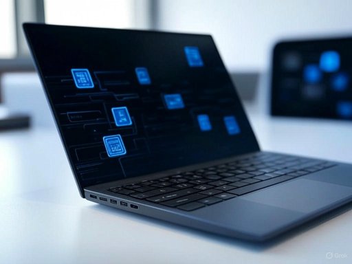 A sleek laptop displaying a digital network or data flow on a dark screen, placed on a white desk.