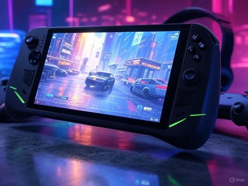A handheld gaming device displays a futuristic cityscape with neon-lit buildings and cars on its screen.
