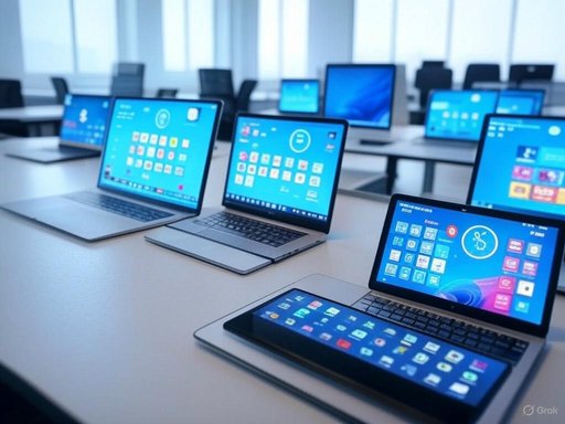Multiple laptops displaying a blue desktop screen are arranged on tables in a modern conference or training room. Multiple laptops displaying a blue desktop screen are arranged on tables in a modern conference or training room.