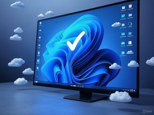 A computer monitor displays a blue abstract background with a checkmark, surrounded by floating cloud icons.