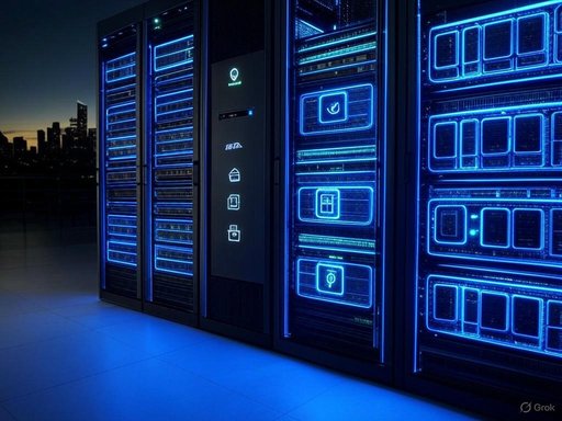 A row of blue LED-lit server racks in a data center with a city skyline in the background at dusk.
