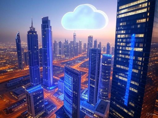 City skyline at dusk with a digital cloud graphic above skyscrapers.