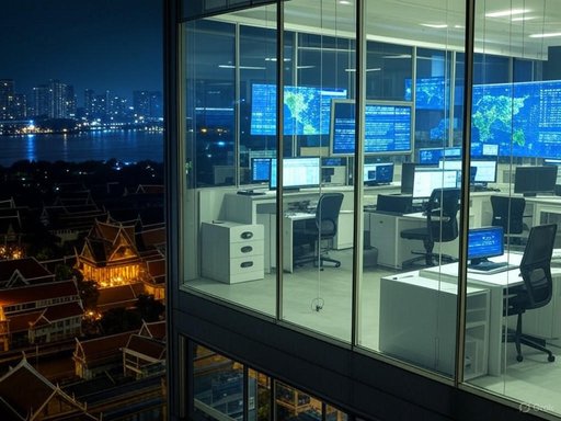 A high-rise office with multiple screens displaying global data, overlooking a cityscape at night.