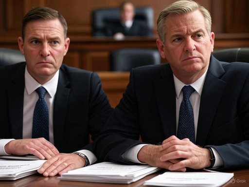 Two men in suits sit at a courtroom table with serious expressions, facing a judge's bench in the background.