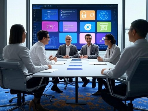 A diverse group of professionals in a modern meeting room, engaging in a discussion with a large digital screen behind them.