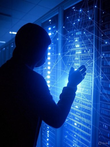 A person in a hoodie interacts with a digital data network display in a server room. A person in a hoodie interacts with a digital data network display in a server room.