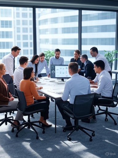 Business professionals in a modern office meeting around a table with a presentation on a monitor. Business professionals in a modern office meeting around a table with a presentation on a monitor.